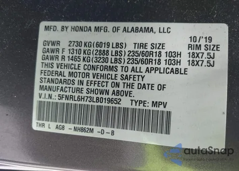 2020 Honda Odyssey Ex-L/Ex-L W/Navi Res from USA, damaged, VIN 5FNRL6H73LB019652